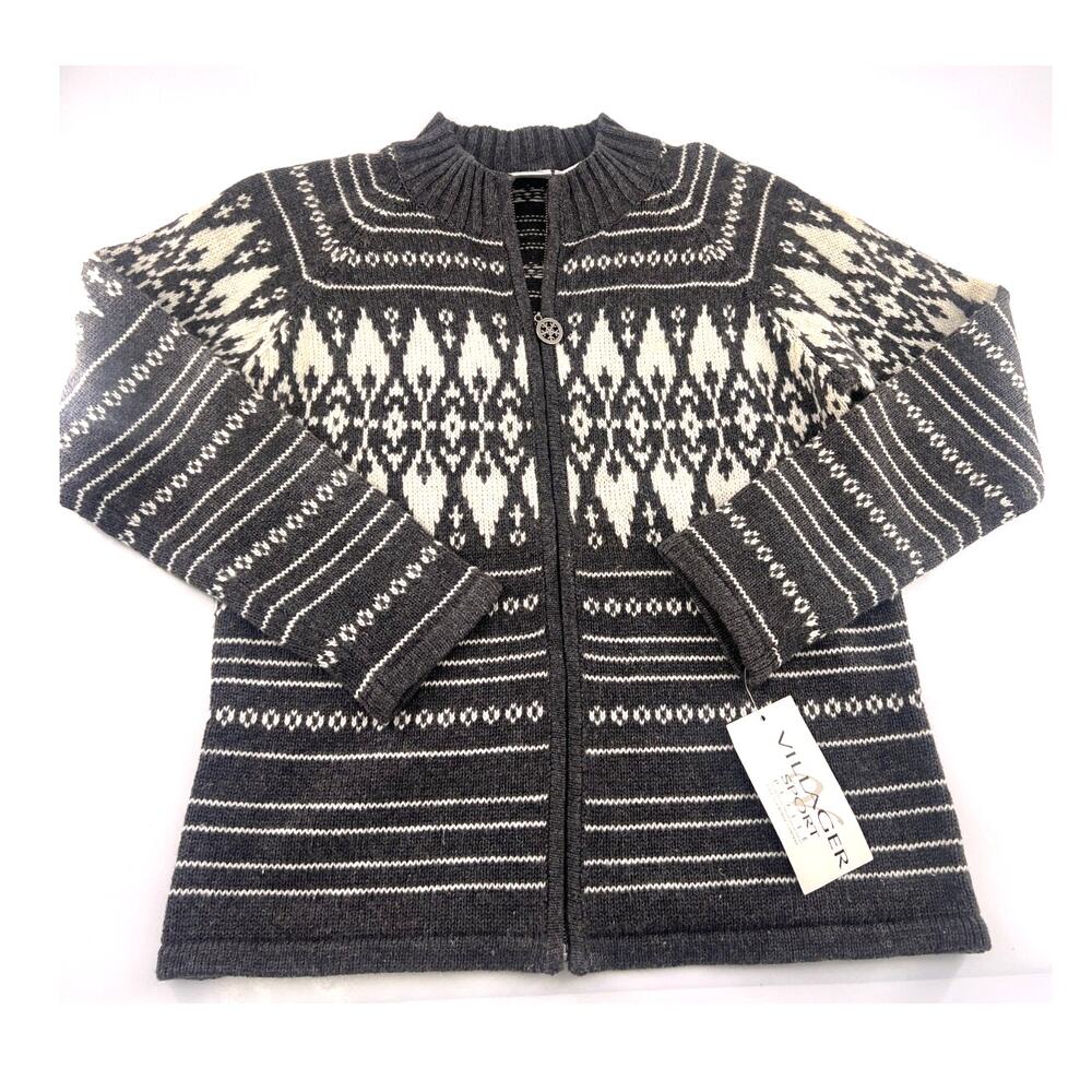 Vintage Villager Sport Sweater Womens Small Petite Gray Cream Cardigan Zip Wool